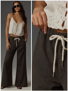 Anthro PILCRO Adi Mid Rise Pull On Dark Taupe Gray Wide Leg Pants, M